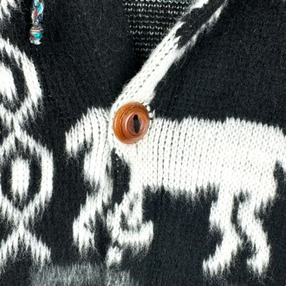 100% Wool Cardigan Sweater Size Large Hooded Aztec Moose Chunky Made in Ecquador